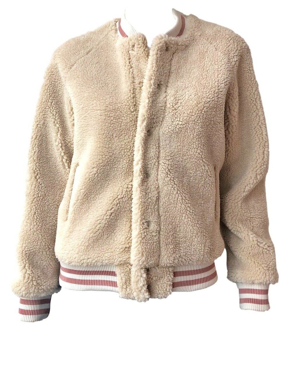 Mother Jacket Womens Cream Sherpa Letterman Snap Varsity Bomber 20x24 S